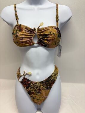 Nasty Gal Brown Floral Print Bandeau Bikini Set size 4 S with gold tone ring new